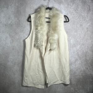 Dolce Cabo Cardigan Vest Sweater Womens M Beige Knit Sleeveless Faux‎ Fur Collar